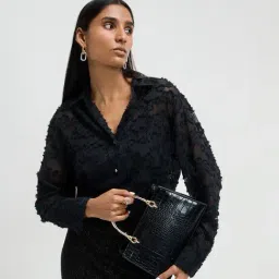 Wardrobe by Westside Black Floral Applique-Detailed Shirt with Camisole-picture-46