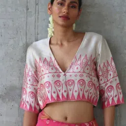 Chidiyaa Cream Pink Block Printed Manjari Blouse-picture-12