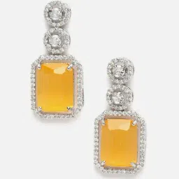 Zeneme Rhodium Plated AD Studded Geometric Shaped Drop Earrings image 4