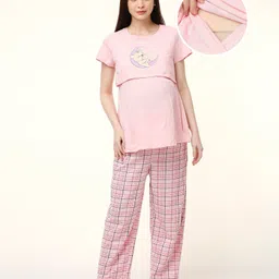 Bella Mama Half Sleeves Maternity Night Suit Teddy Print - Pink-picture-26