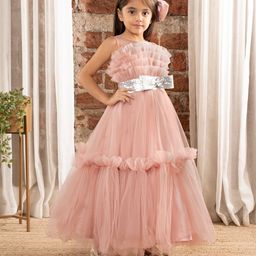 Ministitch Sleeveless Ruffle & Pleats Detailed Sequin Bow Embellished Fit & Flare Gown - Onion Pink-picture-4