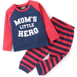 Babyhug Cotton Knit Raglan Sleeves Night Suit With Text Print - Red & Navy Blue-picture-22