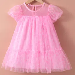 Kookie Kids Half Sleeves Party Frock with Floral Print - Pink-image-34