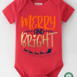 BLUSHES Christmas Theme 100% Cotton Half Sleeves Merry And Bright Text Printed Onesie - Red-picture-18