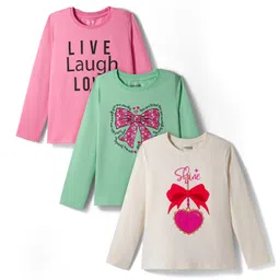 Primo Gino Cotton Knit Full Sleeves T-Shirts with Bow & Text Graphic Pack of 3 - Green Pink & Ivory-picture-37