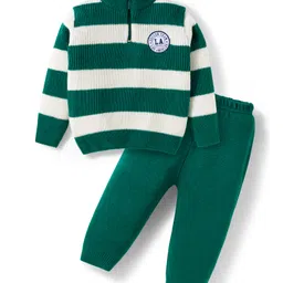 Babyhug Knit Full Sleeves High Neck Collar Sweater Set with Stripes & Patch Detailing - Green-picture-17