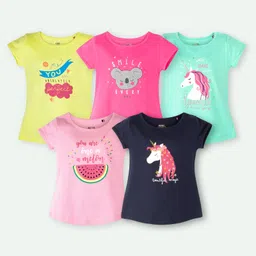 Ariel Cotton Knit Pack Of 5 Half Sleeves Unicorn & Typography Printed Tops - Yellow Pink Green & Navy Blue-picture-19