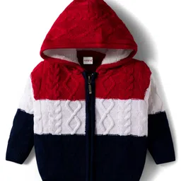Babyhug Woven Full Sleeves Hooded Front Open Sweater With Color Block & Cable Knit Design - Red White & Navy Blue-image-94