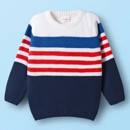 Babyhug Knit Full Sleeves Pullover with Stripe Design - White & Navy Blue-picture-20