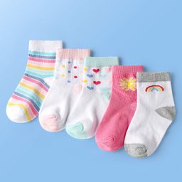 Doodle Poodle Cotton Knit Ankle Length Striped Socks with Rainbow Heart & Polka Dot Design Pack of 5 -Multicolor-picture-16