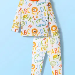 Babyhug Cotton Knit Full Sleeves Co-ords Night Suit With Animal Print - White-picture-33