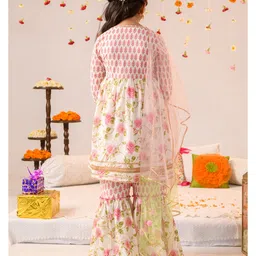 Pspeaches Three Fourth Sleeves Flower Motif & Rose Swirl Printed Flared Kurta With Coordinating Gota Lace Embellished Sharara & Dupatta - Off White image 3