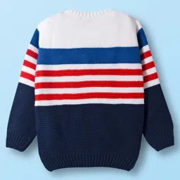 Babyhug Knit Full Sleeves Pullover with Stripe Design - White & Navy Blue image 2