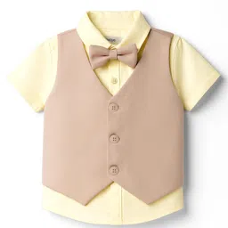 Babyoye Cotton Knit Half Sleeves Solid 3 Piece Party Suit With Bow - Yellow image 2