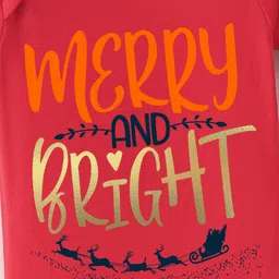 BLUSHES Christmas Theme 100% Cotton Half Sleeves Merry And Bright Text Printed Onesie - Red image 4