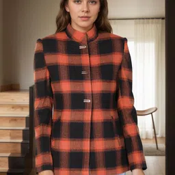 Chemistry Women Checked Stand Collar Single-Breasted Overcoat-picture-21