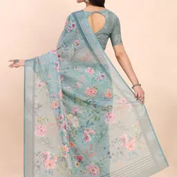 KALINI Floral Zari Linen Blend Designer Block Print Saree image 4