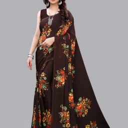 Satrani Brown Floral Saree With Unstitched Blouse Piece image 1