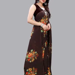 Satrani Brown Floral Saree With Unstitched Blouse Piece image 3