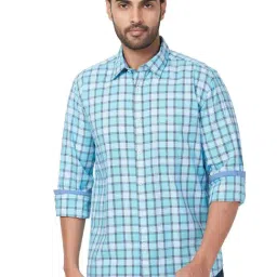 Parx Blue Cotton Slim Fit Checks Shirt-image-5