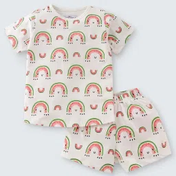 Nite Flite Kids Off-White & Pink Cotton Printed Top Set image 1
