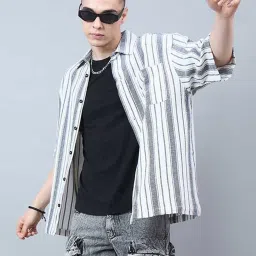 CHIMPAAANZEE White & Black Loose Fit Striped Oversized Shirt image 1
