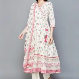 Melange by Lifestyle Off-White Cotton Floral Print Anarkali Kurta With Dupatta image 1