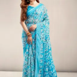 Satrani Sky Blue Floral Print Saree With Unstitched Blouse image 1