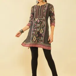 Soch Black Poly Muslin Chevron Ethnic Printed Kurta With Cutdana-image-99