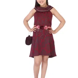 Cutecumber Kids Plum Printed Dress, Belt with Purse-image-41