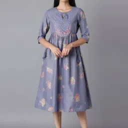 W Blue Cotton Embellished A-Line Dress-image-58