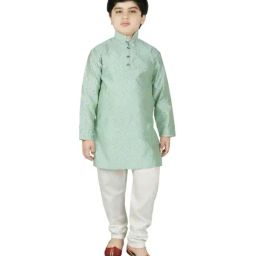 SG Yuvraj Kids Green & White Self Full Sleeves Kurta Set-picture-14
