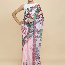navyasa by liva Navyasa Pink Liva Lite Floral Printed Saree With Coordinated Unstitched Blouse Piece image 1