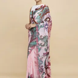 navyasa by liva Navyasa Pink Liva Lite Floral Printed Saree With Coordinated Unstitched Blouse Piece image 3
