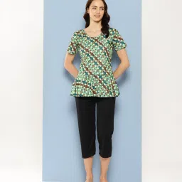 Aarika Green Nylon Printed Short Sleeves Swimsuit image 1