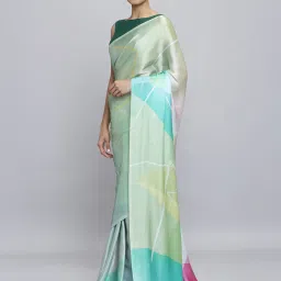 navyasa by liva Navyasa Sea Green Liva Satin Geometric Printed Saree With Coordinated Unstitched Blouse Piece image 3