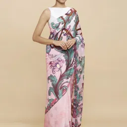 navyasa by liva Navyasa Pink Liva Lite Floral Printed Saree With Coordinated Unstitched Blouse Piece image 4