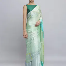 navyasa by liva Navyasa Sea Green Liva Satin Geometric Printed Saree With Coordinated Unstitched Blouse Piece image 4