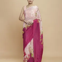 navyasa by liva Navyasa Peach Liva Crepe Floral Printed Saree With Coordinated Unstitched Blouse Piece image 1