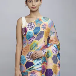 navyasa by liva Navyasa Yellow Liva Satin Geometric Printed Saree With Coordinated Unstitched Blouse Piece image 4