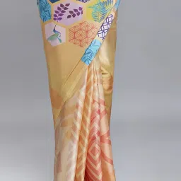 navyasa by liva Navyasa Yellow Liva Satin Geometric Printed Saree With Coordinated Unstitched Blouse Piece image 5