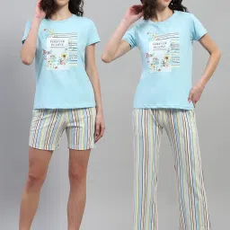Monte Carlo Sky Blue Cotton Graphic Print T-Shirt With Shorts & Pyjamas image 1