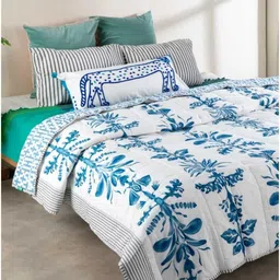 FREEDOM TREE Montane Blue & White Floral Printed Cotton AC Room Single Bed Quilt-picture-39