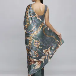 navyasa by liva Navyasa Dark Green Liva Satin Floral Printed Saree With Coordinated Unstitched Blouse Piece image 2