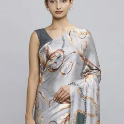 navyasa by liva Navyasa Dark Green Liva Satin Floral Printed Saree With Coordinated Unstitched Blouse Piece image 5