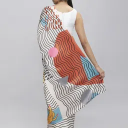 navyasa by liva Navyasa Beige Liva Satin Geometric Printed Saree With Coordinated Unstitched Blouse Piece image 2