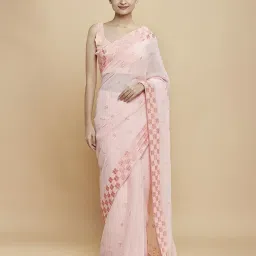navyasa by liva Navyasa Peach Liva Georgette Pastel Embroidered Saree With Coordinated Unstitched Blouse Piece image 1