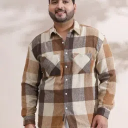 Instafab Plus Chocolate Brown & Ecru Beige Buffalo-Check Utility Plus Size Shacket-picture-34