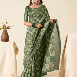 Elora Dusty Green Printed Saree With Blouse image 1