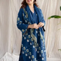 The Indian Ethnic Co Indigo Boond Ajrakh MulMul Cotton Scarf image 1